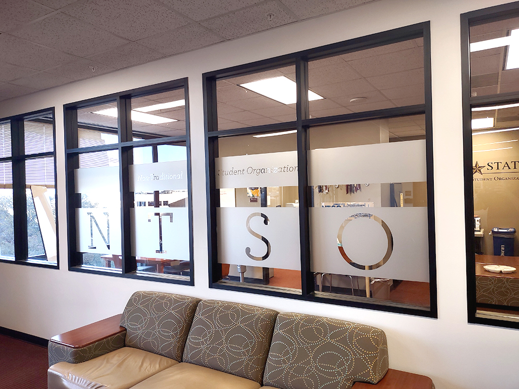 interior glass windows with frosted lettering "NTSO"